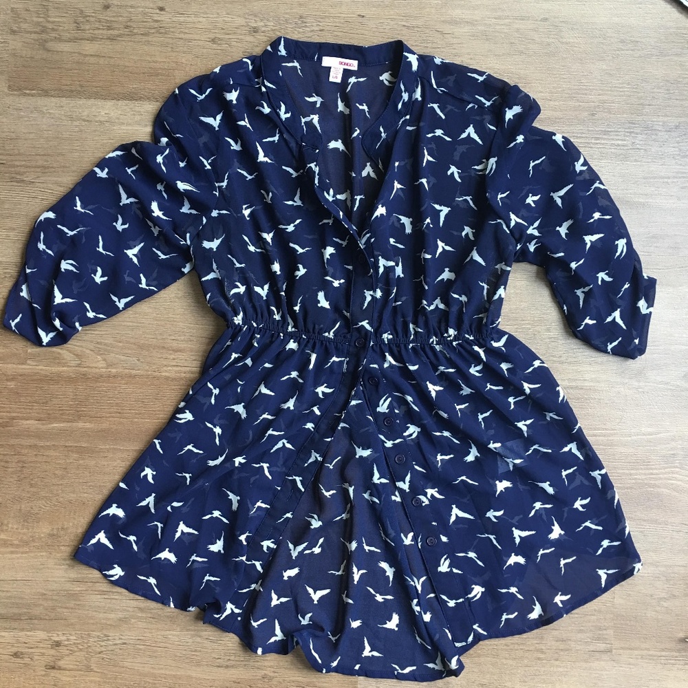 Bird-print navy blouse